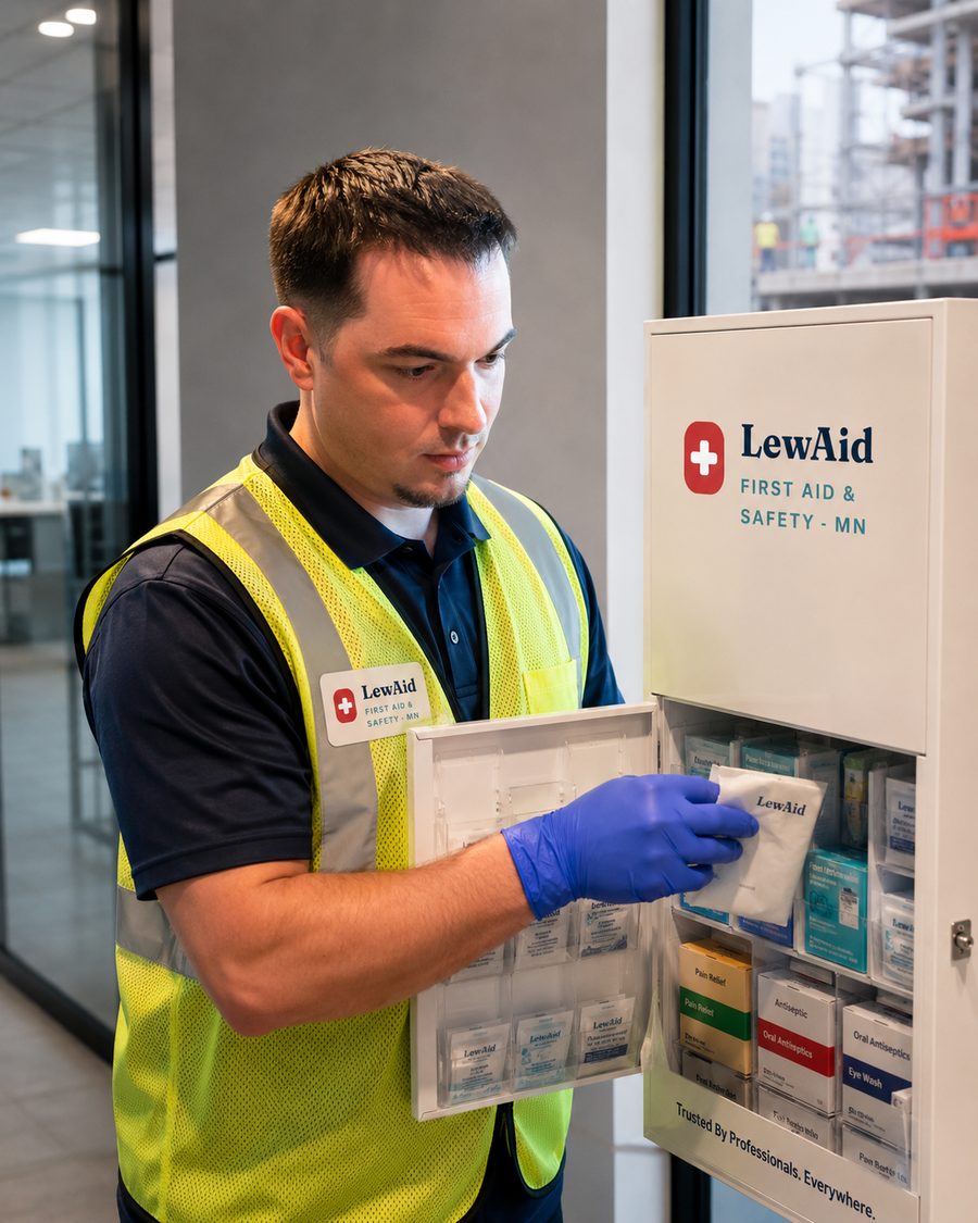 Brian Lewis restocking a LewAid first aid cabinet